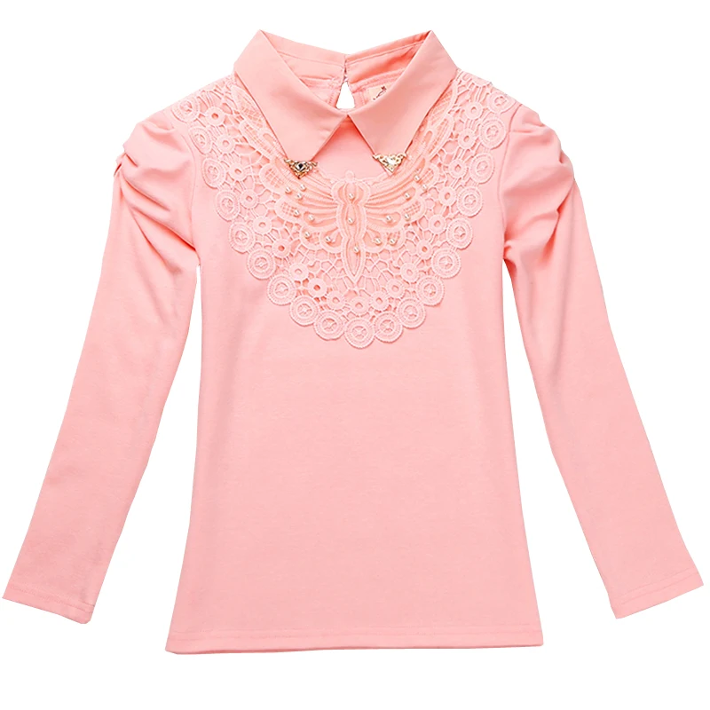 School Girls Blouse Shirts New Spring Fashion Kids Solid Turn-Down Lace Flower Blouses High Quality Children Cotton Clothes