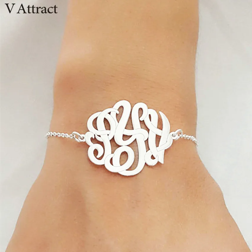 

Personalized Monogram Bracelet Silver Anklet Custom Name Jewelry Hand Link Stainless Steel A B C Z X W 3 Initial Bracciali Donna