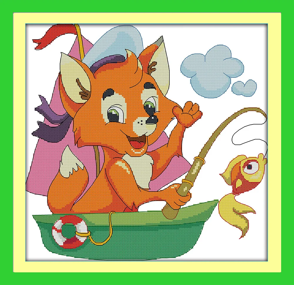 

The fishing fox Canvas DMC Counted Cross Stitch Kits printed Cross-stitch set Embroidery Needlework