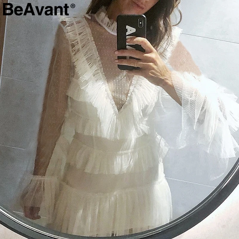 Женское винтажное Сетчатое платье BeAvant белое в горошек с оборками и длинным