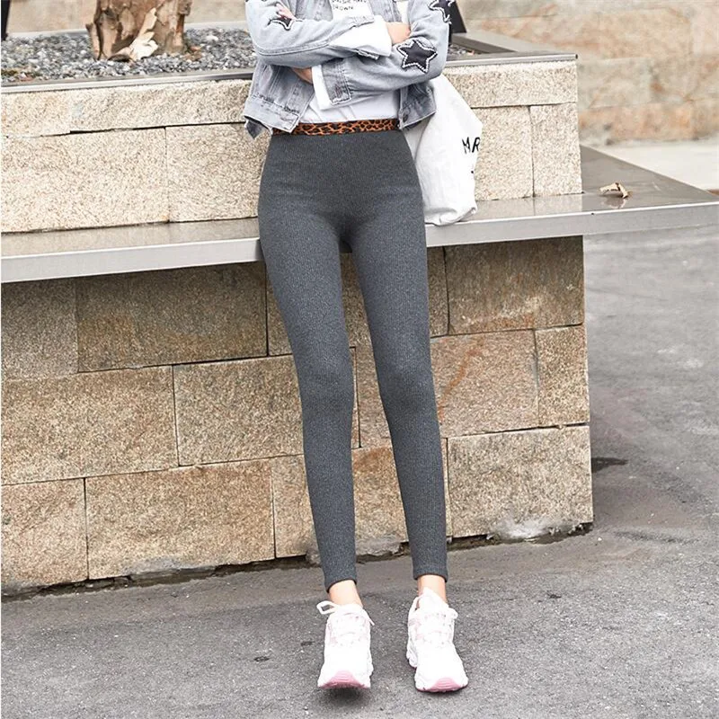 2019 Весна Leopard талии вертикальная полоса хлопок женские эластичные лосины Высокая талия брюки женские пикантные узкие штаны