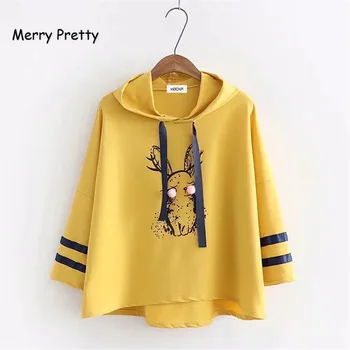 

Merry Pretty Hoodied Sweatshirt Women Cartoon Rabbit Printed Hoodie Half Sleeve Drawstring Pullovers Tracksuits Sudader Mujer