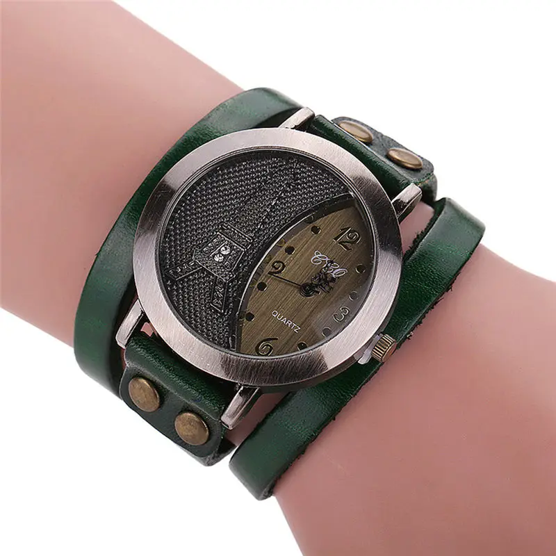 Новые модные женские винтажные часы башня из натуральной кожи браслет Часы повседневные женские наручные часы кварцевые наручные часы Relogio Feminino - Цвет: Green