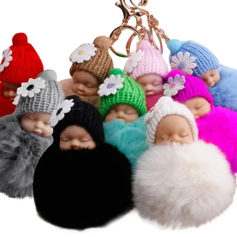 

Cute Fur Fluffy PomPom Sleeping Baby Doll Key Chains Keyrings Bags Charm Pendant