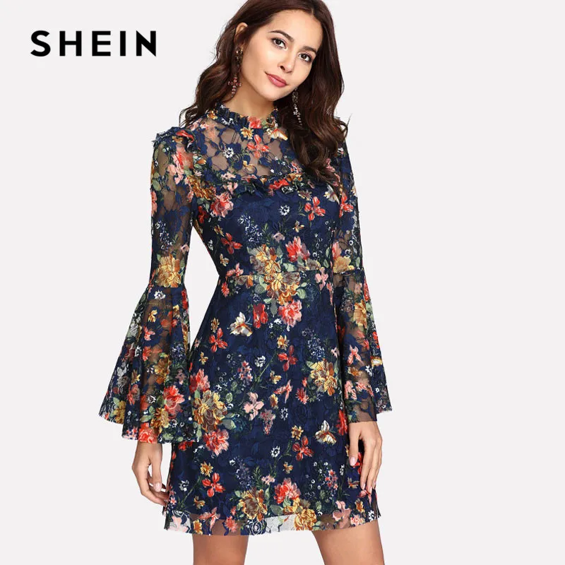 SHEIN Цветочное Кружевное Платье С Оригинальным Рукавом Женское Весеннее Многоцветное Богемное Платье С Длинными Рукавами И Стоячим Воротником