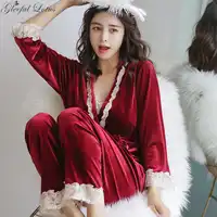 冬ベルベットパジャマセット 3 ピースローブ長ズボンナイトスーツ秋パジャマ 2018 女性ナイトウェアホームウェア服パジャマ
