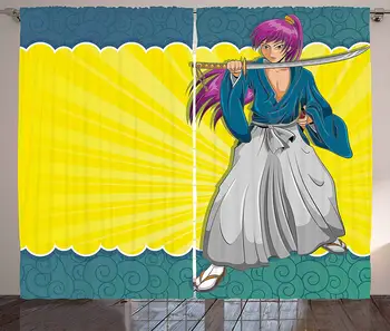 

Anime Curtains Manga Style Girl Samurai Warrior Character on Abstract Background in Yellow and Blue Living Room Bedroom Window
