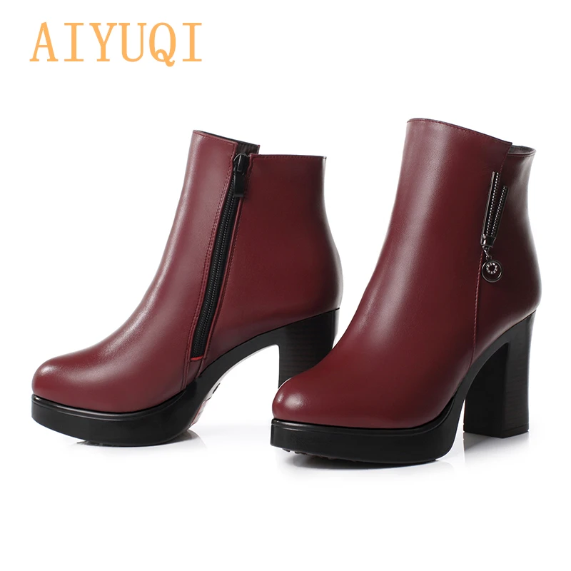 AIYUQI; Новинка года; женские ботинки из натуральной кожи; австралийская Мода; плотная шерсть; теплые женские зимние ботинки; женские Ботинки martin на высоком каблуке