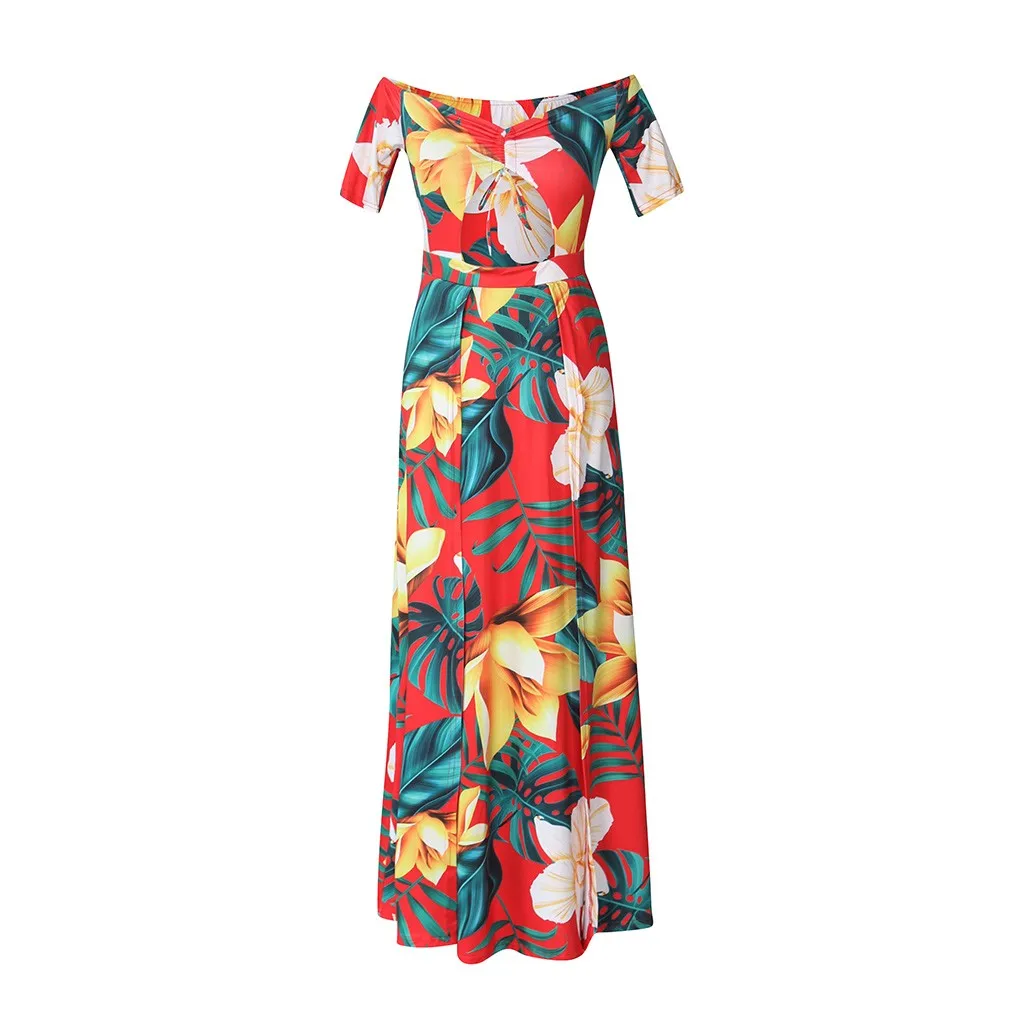 Red Женский короткий рукав с открытыми плечами vestido de festa longo цветочный принт zomerjurk dames платье женский сексуальный сарафан#508 - Цвет: Red