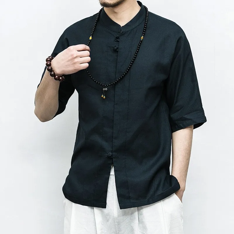 

2019 New Arrival Navy Color Solid Slim Fit Linen Martial Arts Shirts For Male Wu Shu Tai Chi Tees Track Clothing Men Sportswear