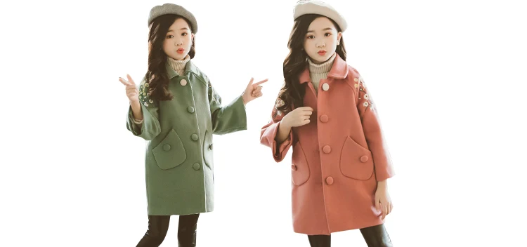 DZIECKO/Детские шерстяные пальто для девочек; сезон осень-зима; детские шерстяные пальто в Корейском стиле; Верхняя одежда с вышитыми цветами рукавами; Тренч