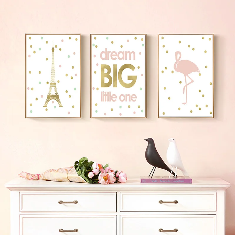 

Dream Big Little One Pink Gold Paris Print Nursery Art Kids Baby Girl Room Decor Digital Poster Decorative Illustrations