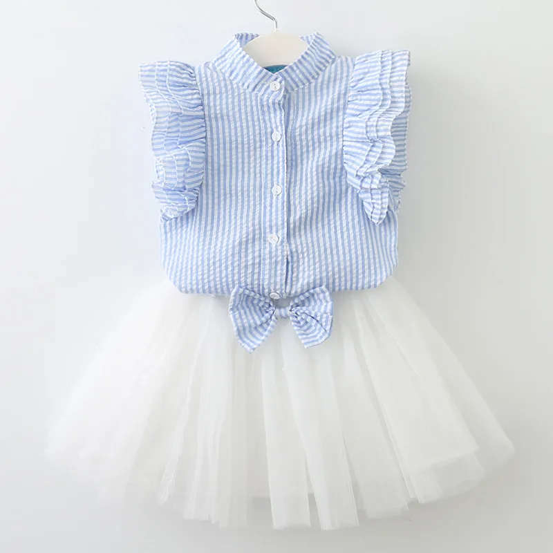 Комплекты летней одежды для девочек; Новинка; модная детская хлопковая рубашка в клетку без рукавов+ сетчатая юбка; костюмы для детей; праздничная одежда для девочек - Цвет: blue