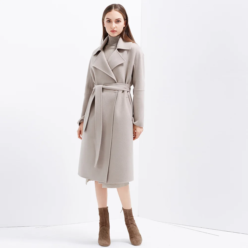 Rabattu 2018 Couleur De Irinaw910 Femmes Caramel Longue Double Col Caramel beige Ceinturée Main Nouveauté gray Manteau Fait Gray Face Pink Laine 57Zn87x