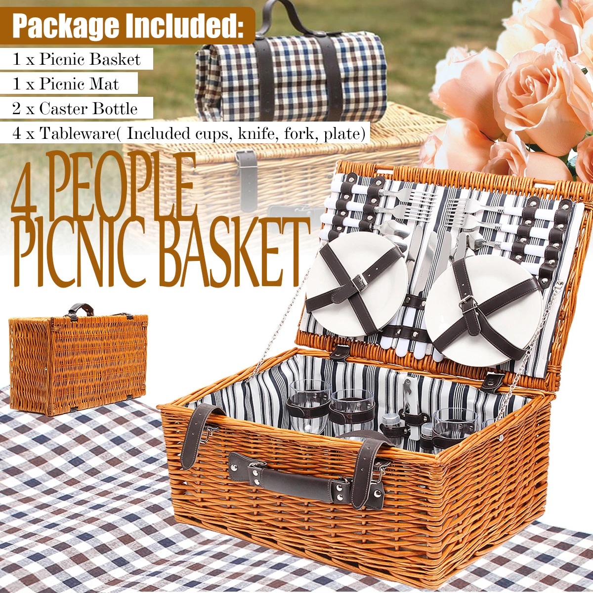 Juego de cesta de mimbre para comida de Picnic de 4 personas para viaje al aire libre con tapete de Picnic/juego de vajilla para Camping accesorios para fiestas de Picnic