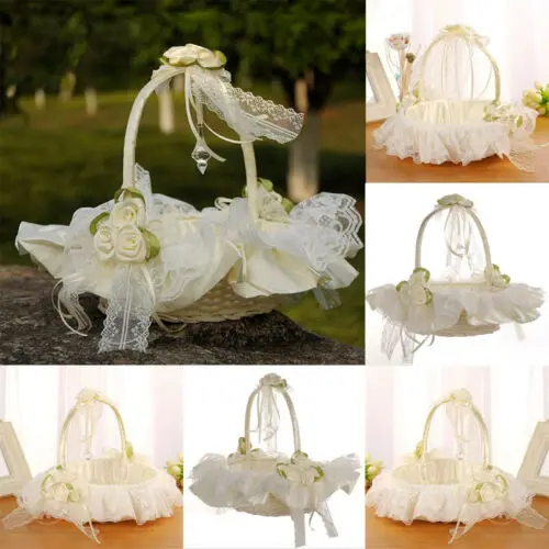 Молоко Белый сатин свадебные для девочек в цветочек корзинка для кольца Подушка церемонии вечерние любовь US