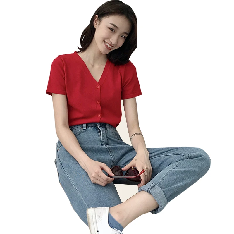 

Summer Chic Temperament Knitted T-shirts Women V-neck Short Sleeve Solid Color Simple Thin Cool Skin-friendly Tees Fashion Tops