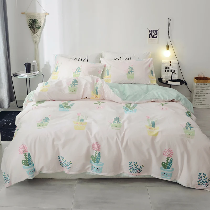 

Green Plant Pattern Cotton Soft Bedding Set Queen King Full Size Bed Linen 4Pcs/Set Duvet Cover Set Bed Sheet AB Side 2019 Bed