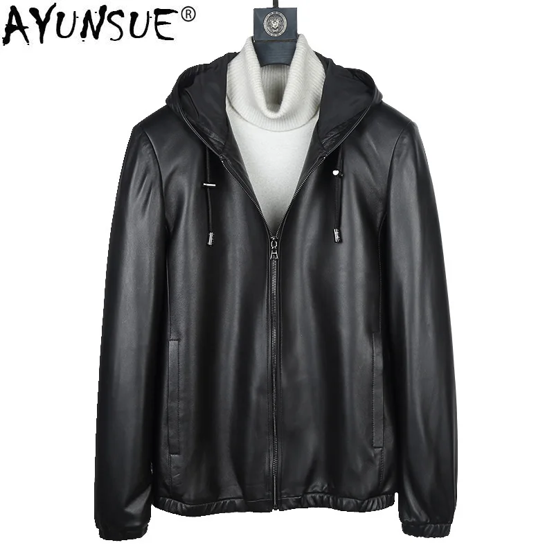 

AYUNSUE Genuine Leather Jacket Men Hooded Real Sheepskin Coat Spring Plus Size Leather Jackets Veste Cuir Homme A18008 KJ2112