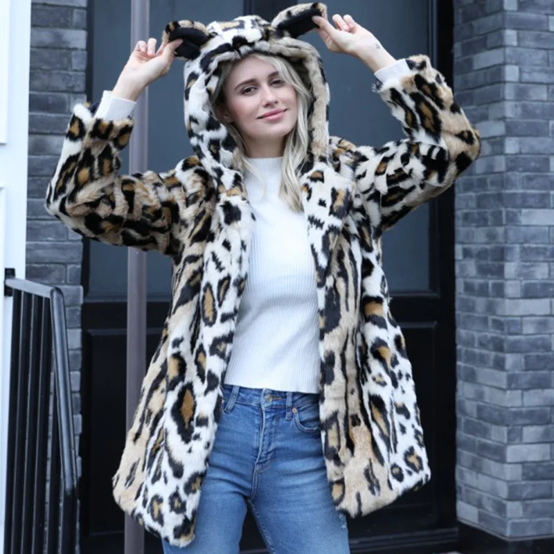 Леопардовый женский пиджак длинное пальто с милыми животными уха Пальто Верхняя одежда женская одежда Размеры S-4XL Для женщин толстый Обувь