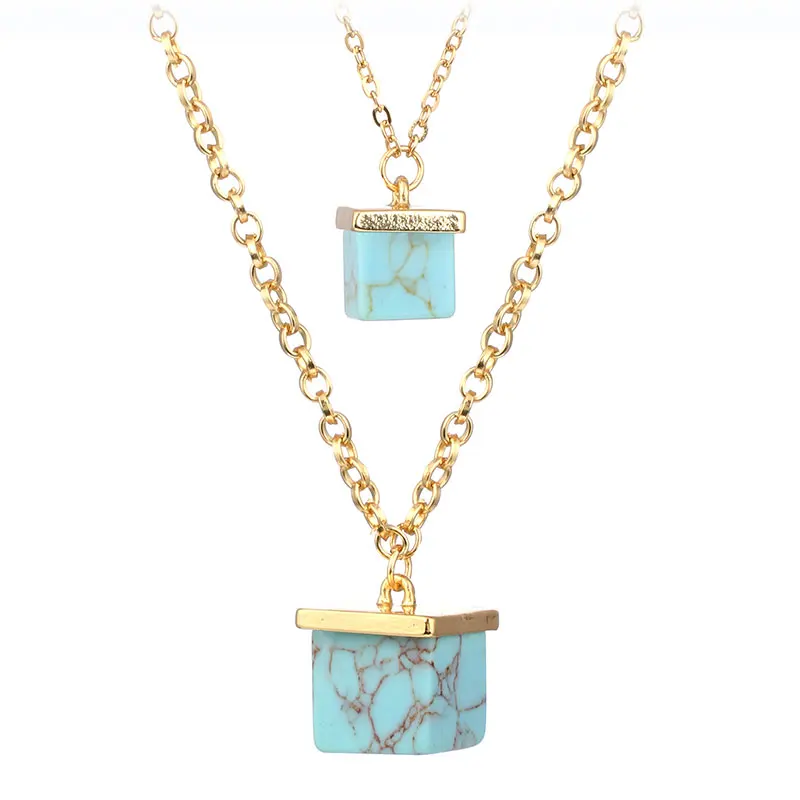 Trendy White Blue stone Pendant Necklaces gold color Double Layer