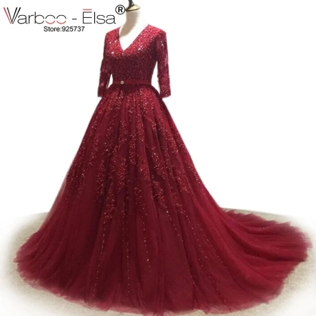 VARBOO_ELSA vestido de noiva Бисер V образным вырезом торжественные платья с красным кружевом с длинным шлейфом мяч халат с рукавами до локтя, свадебные платья в Китае - Цвет: as picture