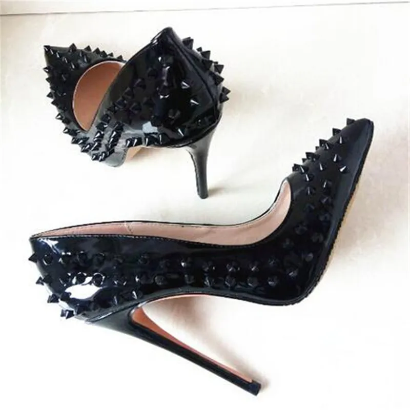 

New Fashion Black Sexy Rivets Stiletto Heels Pointed Toe Leather Dress Pumps For Women Party High Heel Studded Shoes