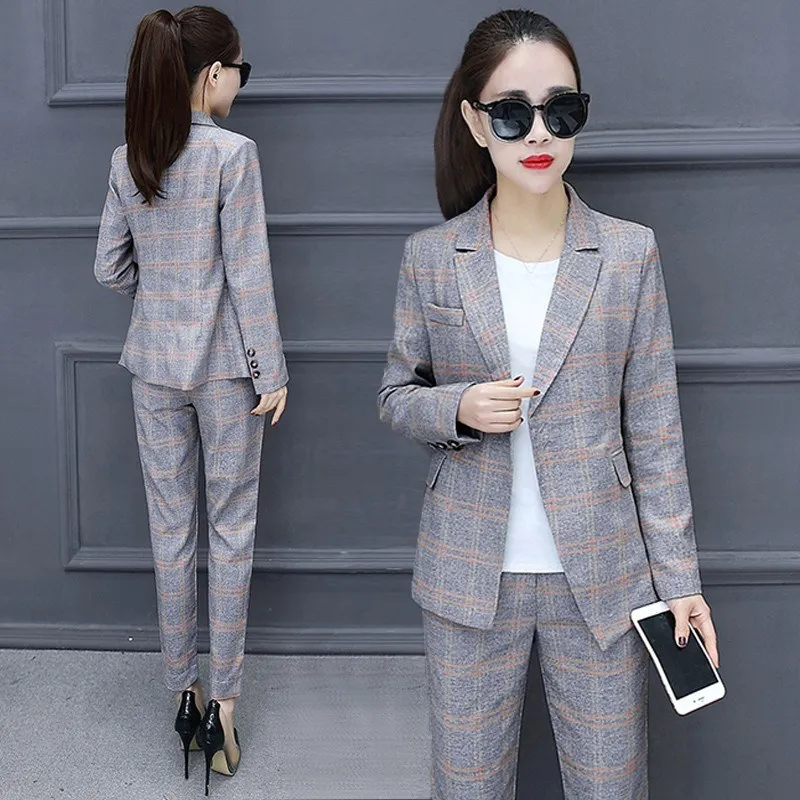 2018 Autumn New Women Plaid 2 Piece Sets Irregular Blazer  Straight Pant Office Outfits Notched Fashion Work Pant Suits