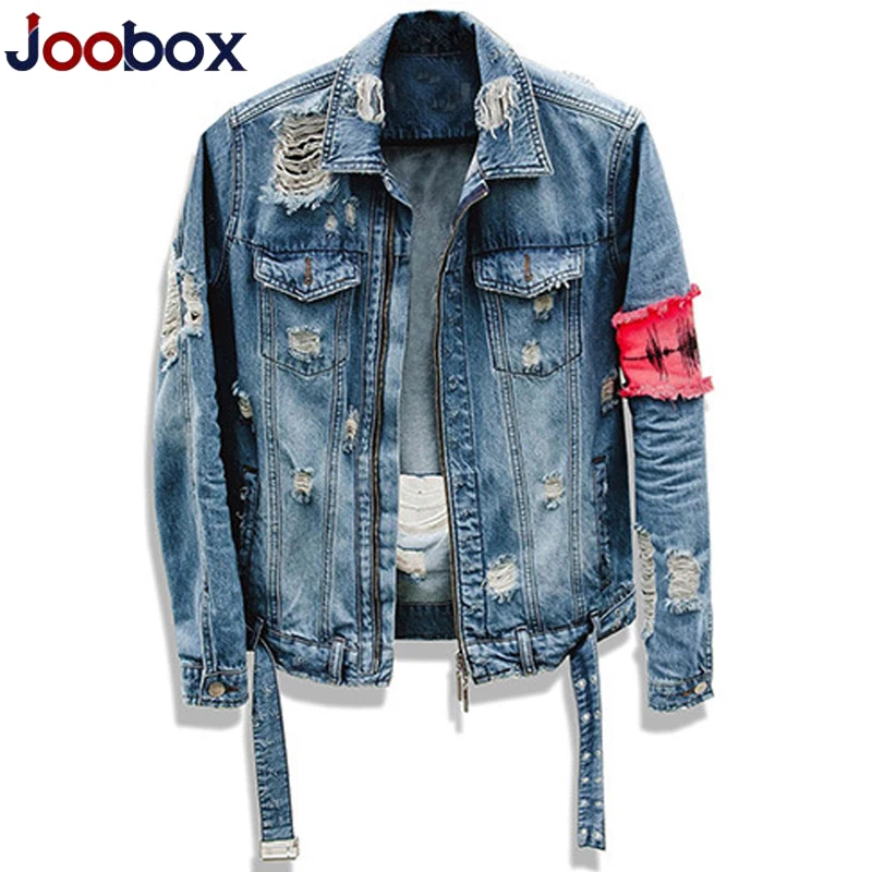 2018 luxury Ripped Ribbon jeans Jackets washed patchwork Distressed Denim Man Slim Fit Streetwear Hip Hop Vintage Jacket 2XL 2018 luxury Ripped Ribbon jeans Jackets washed patchwork Distressed Denim Man Slim Fit Streetwear Hip Hop Vintage Jacket 2XL