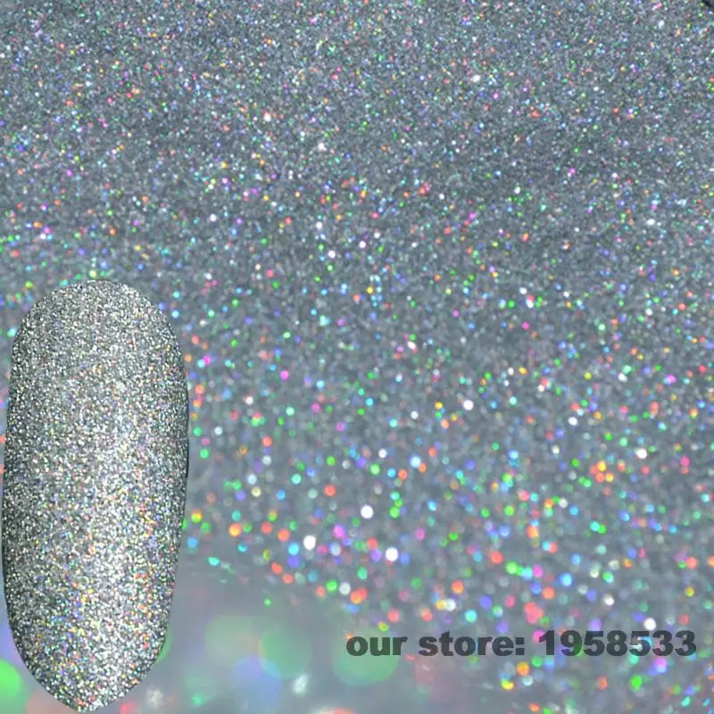 

Holographic Laser Silver Glitter Dust Powder 0.2mm 1/128'' Sparkly Nails Body Art DIY Tips UV Acrylic Decoration N32