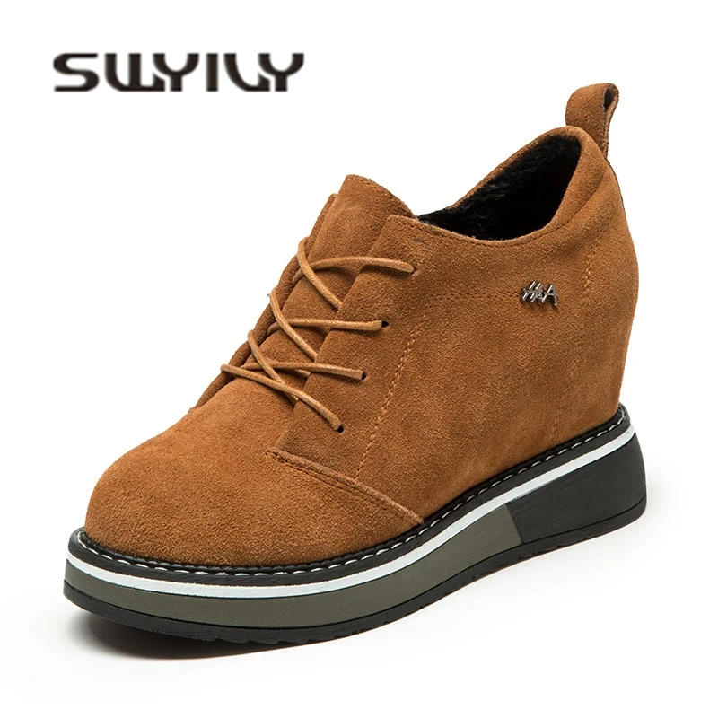SWYIVY Woman Platform Sneakers Natural Leather Woman Autumn New Female Comfortable Casual Shoes Increased Wedge Sneakers Velvet