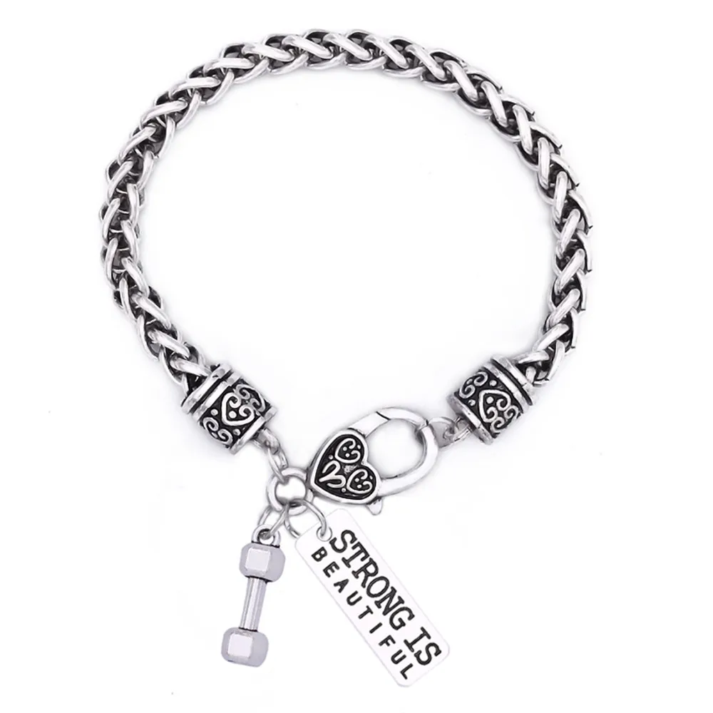 

Inspire Bodybuilding Strong Is Beautiful Train Beyond Pain Barbells Dumbbells Sports Gym Charms Bracelets Jewelry