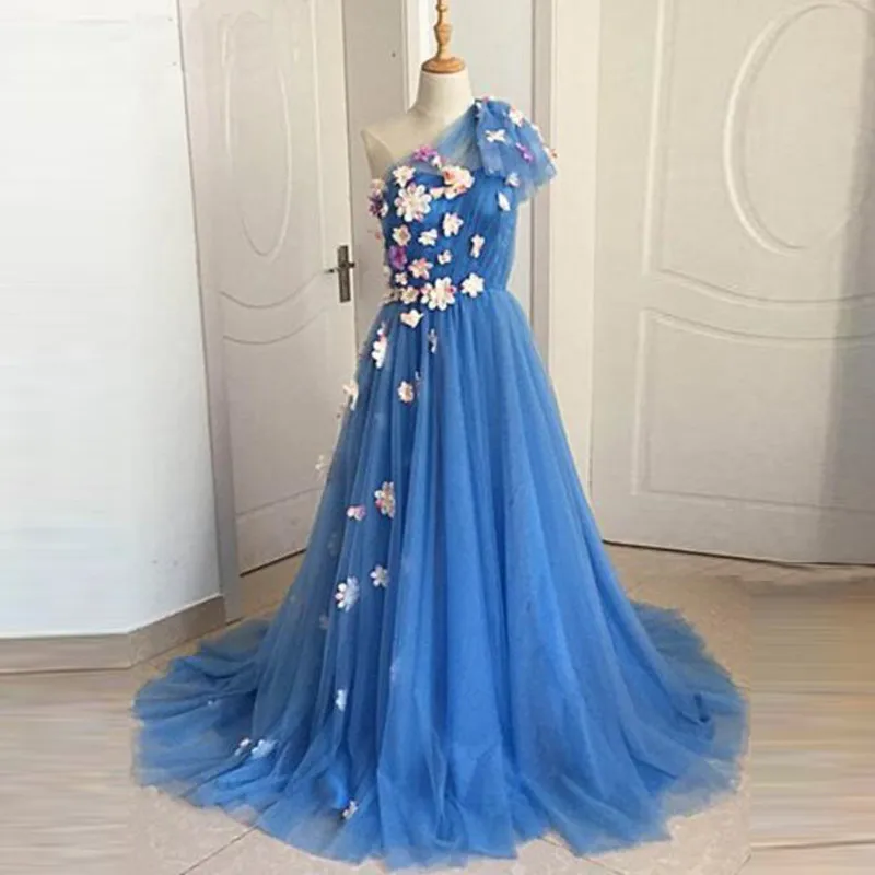 

Real Picture Long Evening Formal Dresses 2019 Elegant One Shoulder Handmade Flowers Saudi Arabia Blue Lace Up Style Prom Gowns