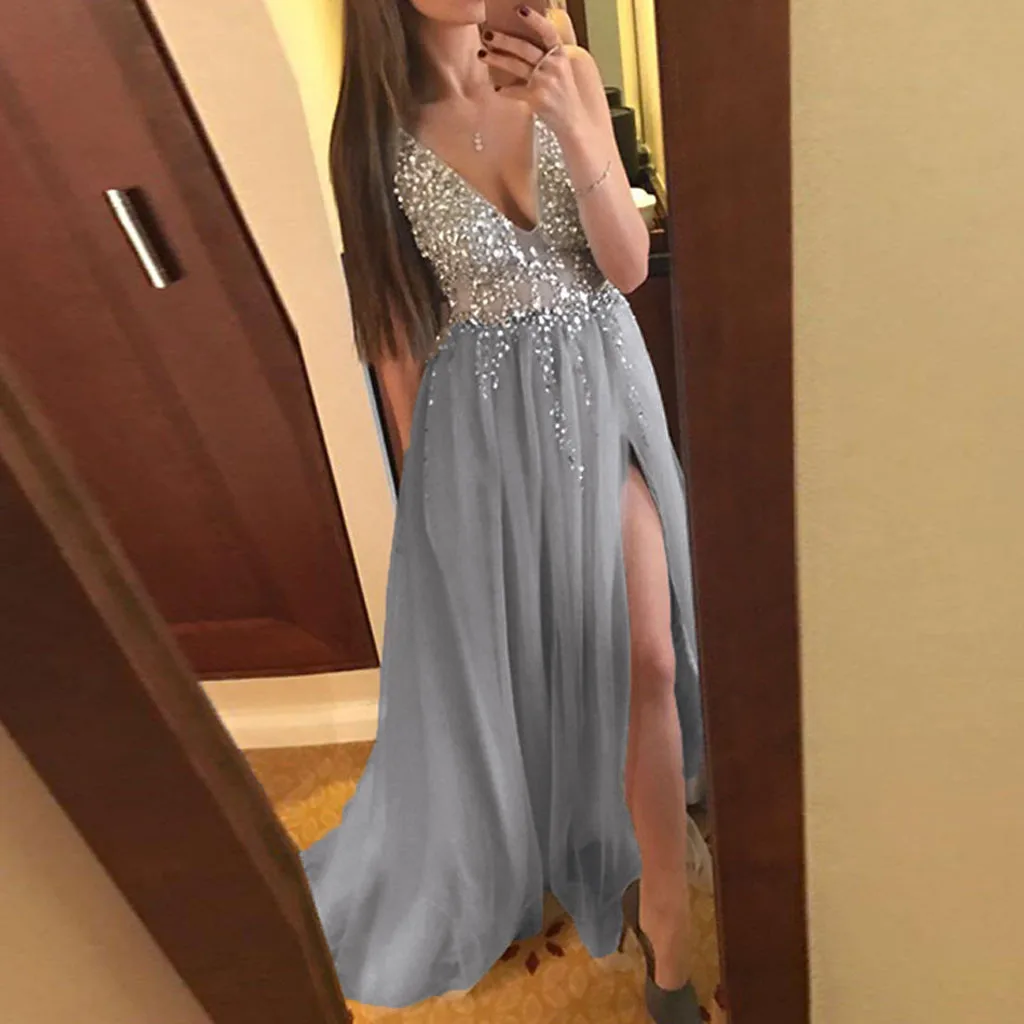 

Women Sexy V Neck Sequins Sleeveless Vest Backless Party Bridesmaid Long Dresses Women Formal Dress Vestido de mujer
