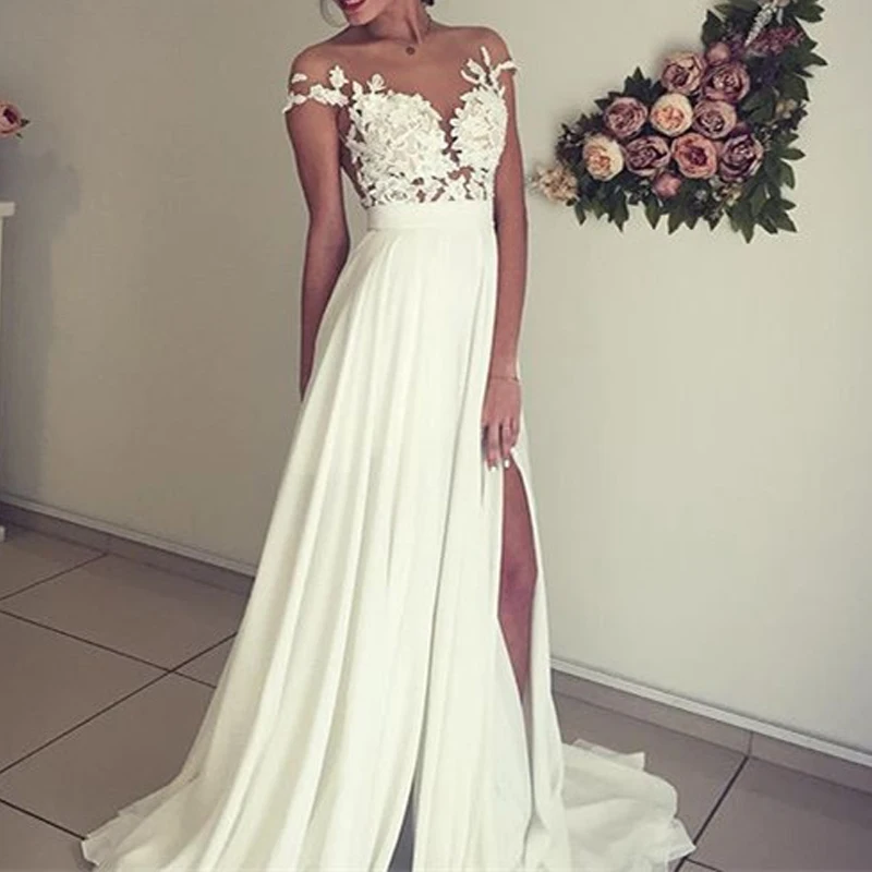 Elegant Lace Appliques Chiffon Wedding Gowns Back Hollow