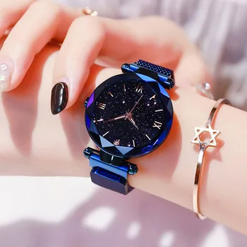 

Fashion Womens Watch Femme Starry Sky Watches Stainless Steel Mesh Magnet Strap Quartz Watch for Sisters Girlfriend