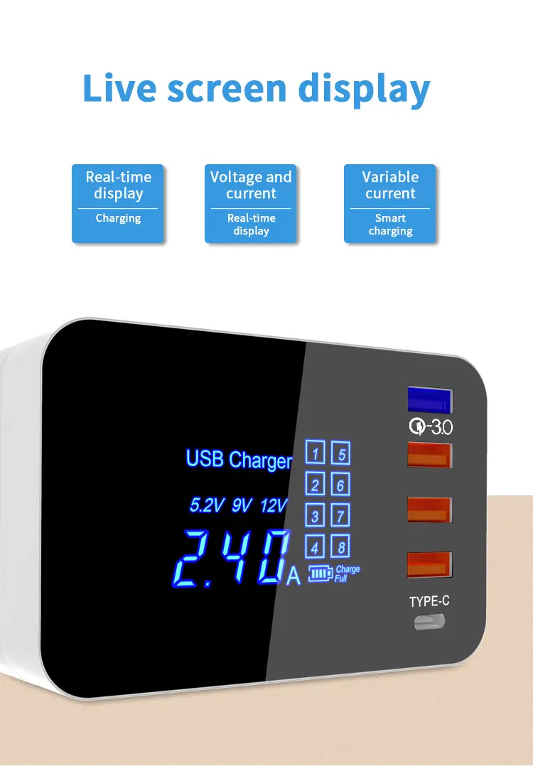 Зарядное устройство USB Quick Charge 3,0 Smart type C светодиодный дисплей док-станция портативное быстрое зарядное устройство для iPhone huawei адаптер EU US UK Plug