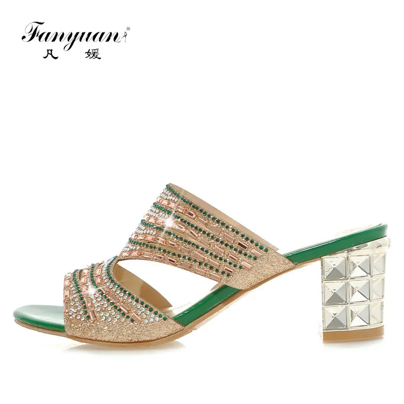 

Fanyuan Glittering Rhinestone Sandalia Feminina Cut-outs High Heel Slides Summer Woman Casual Party Beach Slides Plus Size 32-46
