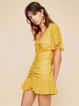 

Hot Sale 2019 Mini Dress Print Short Sexy Women Elegant Petal Sleeve Night Club Short Deep V-Neck High Quality Dresses Wholesale