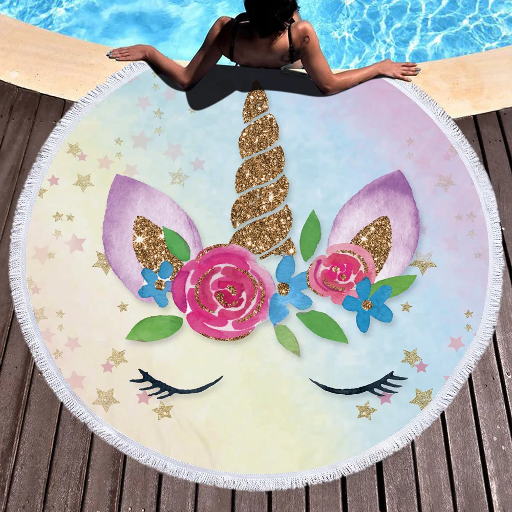 

Unicorn Bath Towel Microfiber Fringed Beach Towels Compressed Quick-Dry Machine Washable Towel's Round Yoga Towel's