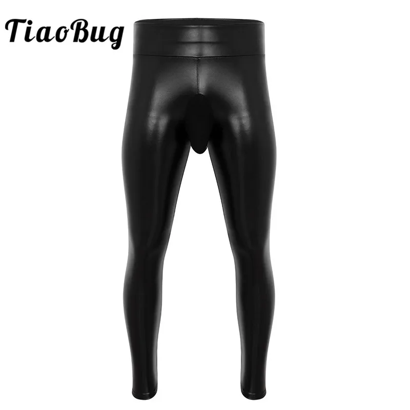 

TiaoBug Men Black Wetlook PU Leather Trouser Thin Velvet Lining Bulge Pouch Leggings Gym Slim Fit Long Pants Sexy Men Gay Tights