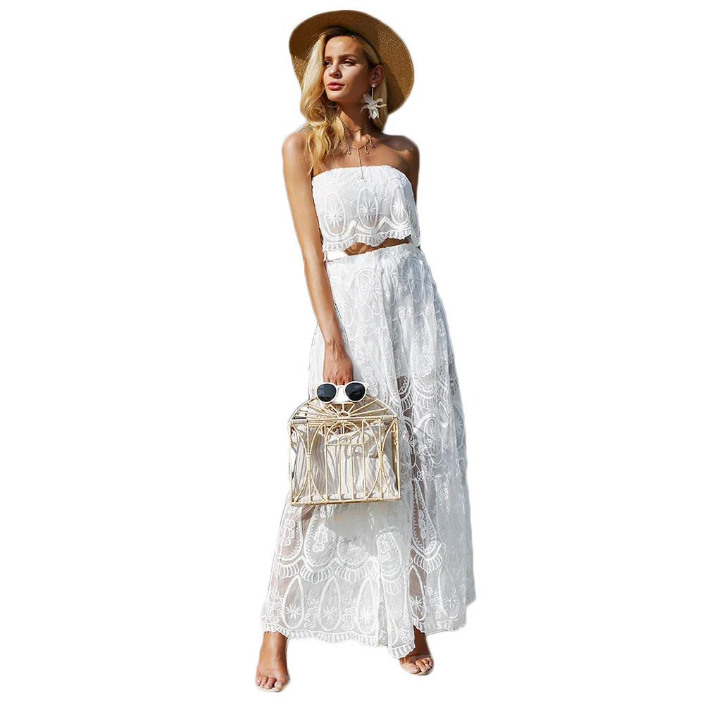 

2018 Summer Two Piece Set Women Sexy Off shoulder Lace Wrapped Crop Top + High Split Long Skirts White 2 PC Set