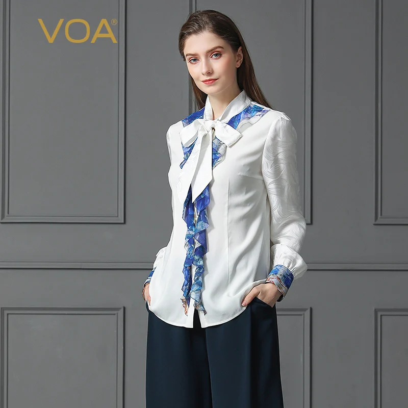 VOA White Pearl Beading Silk Blouse Plus Size 5XL Office Women Tops