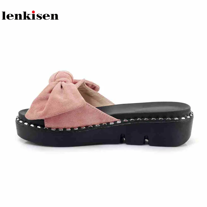 

Lenkisen 2018 hot sale big size flock platform summer princess style bow tie med heel wedges shoes solid mules women sandals L12