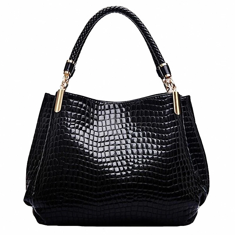 Women Crocodile Pattern Handbag PU Leather Large Shoulder Bag Black