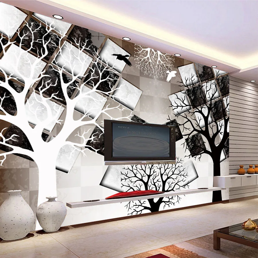 Keren Hitam Putih Pohon Cek Bata Natrual 3d Foto Mural Wallpaper