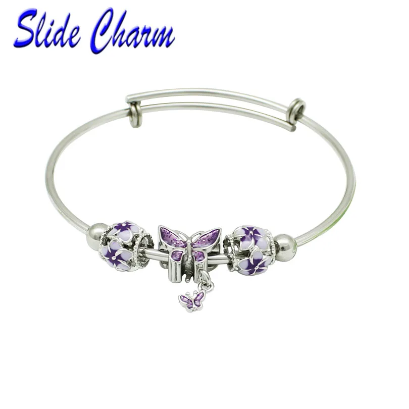 

Free Shipping 2018 New Stainless Steel Bracelet Purple Enamel Flower and Butterfly Pendant Personality Women Fashion Charm Gifts
