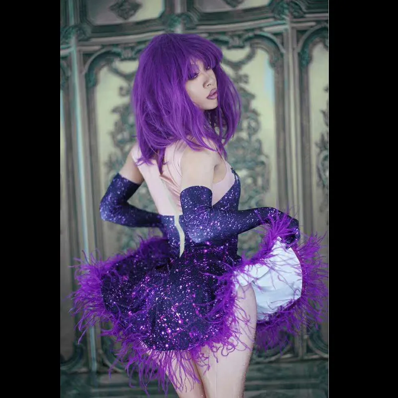 مثير الأرجواني الريش البسيطة اللباس المرأة أكمام حجر الراين اللباس ملهى ليلي Dj المرحلة ازياء التشجيع تأثيري راقصة ارتداء