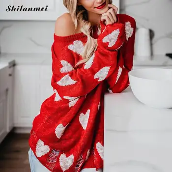 

Spring Autumn Sweater Jumper New Fashion Women Sweater Red Hollow Out Knitted Sweater Heart Pattern Loose Causal Pullovers Tops