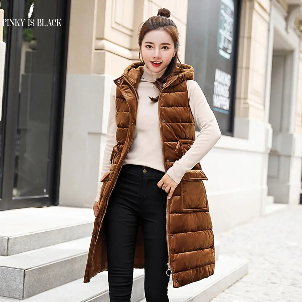 

PinkyIsBlack Autumn Winter Vest Women Waistcoat 2018 Female Sleeveless Jacket Hooded Velvet Warm Long Vest Jacket Colete Feminin